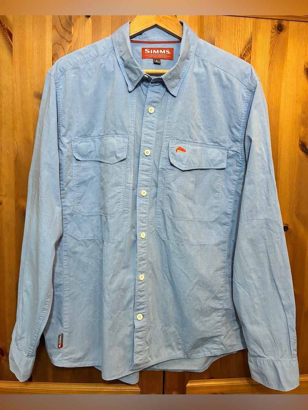 Simms Men’s L Blue Cotton Long Sleeve Button-Up Fishing Shirt Ventilated